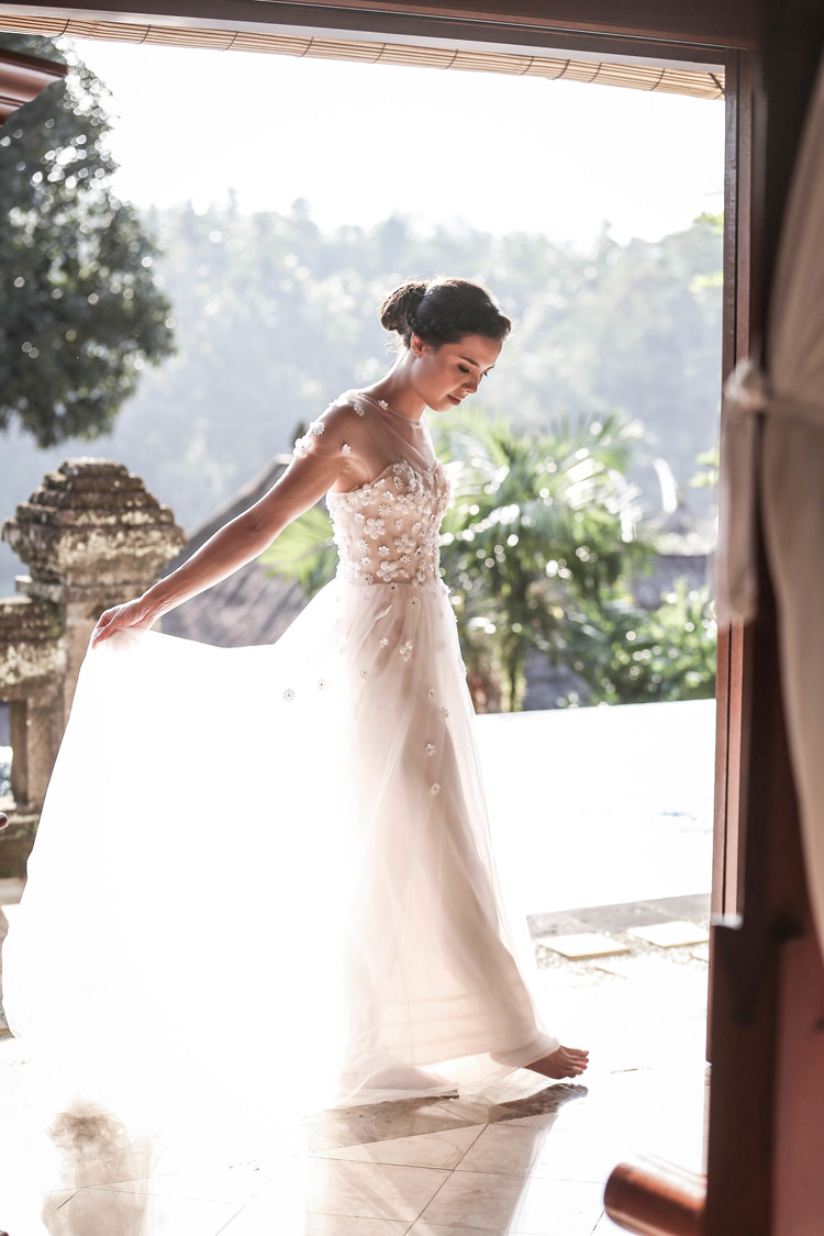 Outdoor Destination Luxury Adventure Ubud Bride Floral Dress | Whimsical Exotic Tropical Jungle Wedding Bali http://www.cecilephotographybali.com/
