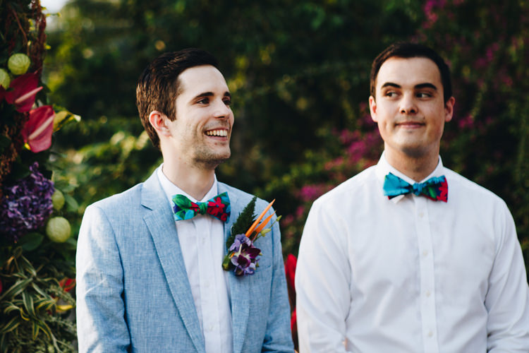 Outdoor Destination Luxury Adventure Ubud Ceremony Groom Colorful Buttonhole Bowtie | Whimsical Exotic Tropical Jungle Wedding Bali http://www.cecilephotographybali.com/