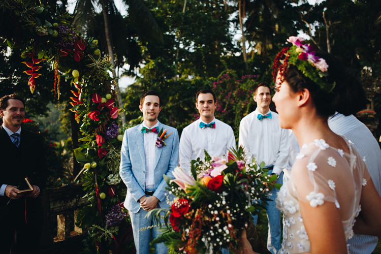 Outdoor Destination Luxury Adventure Ubud Ceremony Bride Colorful Flower Crown Tropical Bouquet Floral Arch | Whimsical Exotic Tropical Jungle Wedding Bali http://www.cecilephotographybali.com/