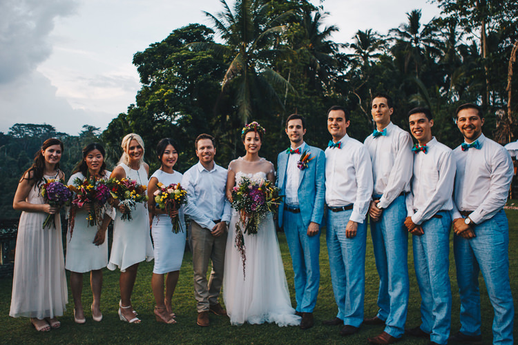 Outdoor Destination Luxury Adventure Ubud Ceremony Colorful Flower Crown Tropical Bouquet Bridesmaids Groomsmen | Whimsical Exotic Tropical Jungle Wedding Bali http://www.cecilephotographybali.com/