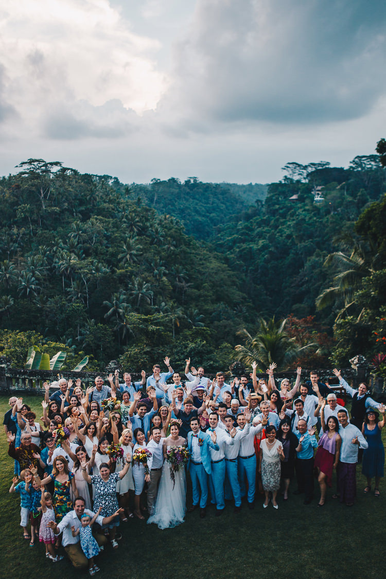 Outdoor Destination Luxury Adventure Ubud Ceremony Colorful Flower Crown Tropical Bouquet Forest Group Shot | Whimsical Exotic Tropical Jungle Wedding Bali http://www.cecilephotographybali.com/