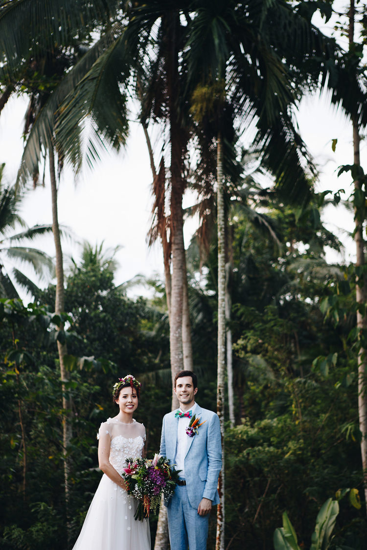 Outdoor Destination Luxury Adventure Ubud Ceremony Colorful Tropical Bouquet Flower Crown Bride Groom | Whimsical Exotic Tropical Jungle Wedding Bali http://www.cecilephotographybali.com/