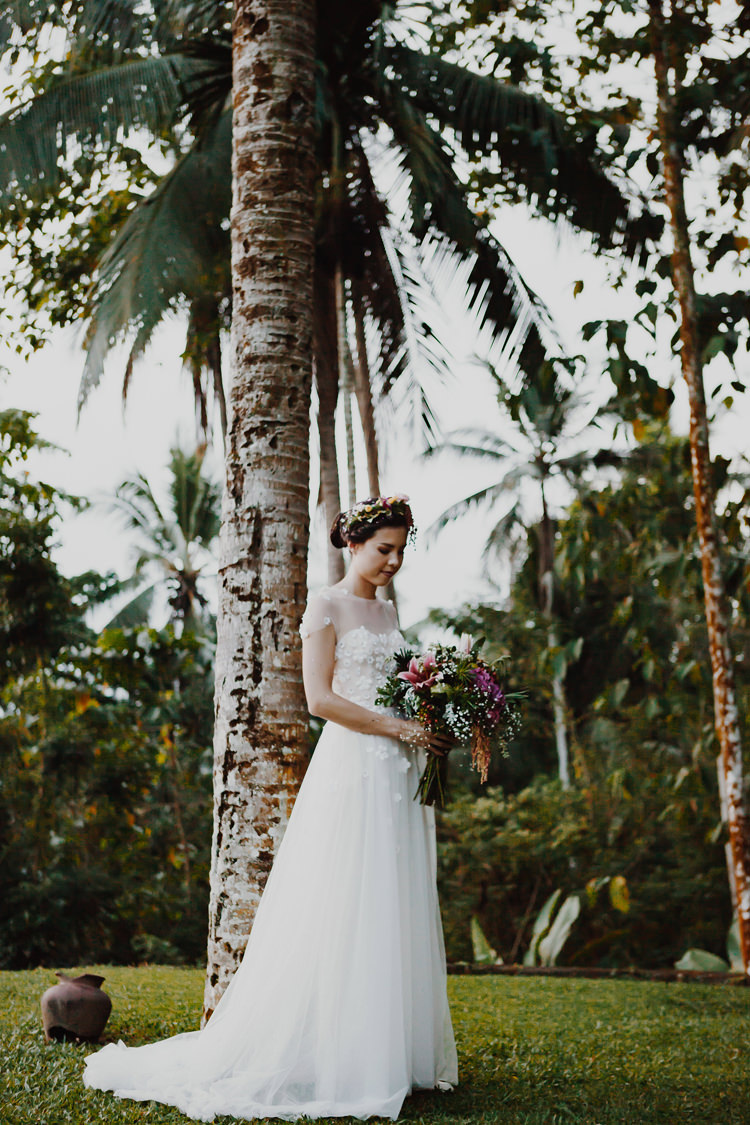 Outdoor Destination Luxury Adventure Ubud Ceremony Colorful Tropical Flower Crown Bride Bouquet | Whimsical Exotic Tropical Jungle Wedding Bali http://www.cecilephotographybali.com/