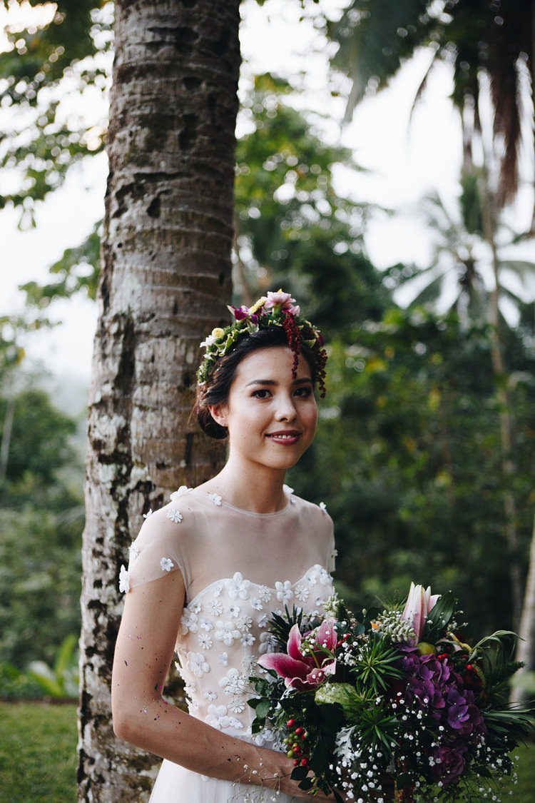 Outdoor Destination Luxury Adventure Ubud Ceremony Colorful Tropical Bouquet Flower Crown Bride Floral | Whimsical Exotic Tropical Jungle Wedding Bali http://www.cecilephotographybali.com/