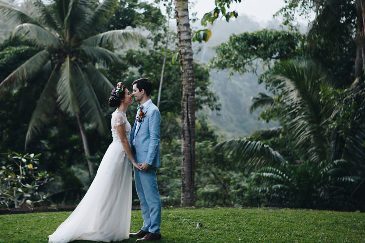 Outdoor Destination Luxury Adventure Ubud Ceremony Colorful Tropical Flower Crown Bride Groom | Whimsical Exotic Tropical Jungle Wedding Bali http://www.cecilephotographybali.com/