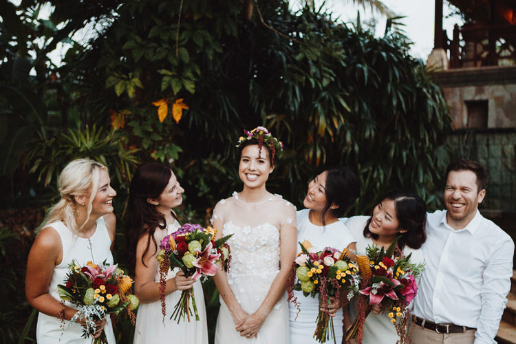 Outdoor Destination Luxury Adventure Ubud Ceremony Colorful Tropical Bouquet Flower Crown Bride Bridemaids | Whimsical Exotic Tropical Jungle Wedding Bali http://www.cecilephotographybali.com/