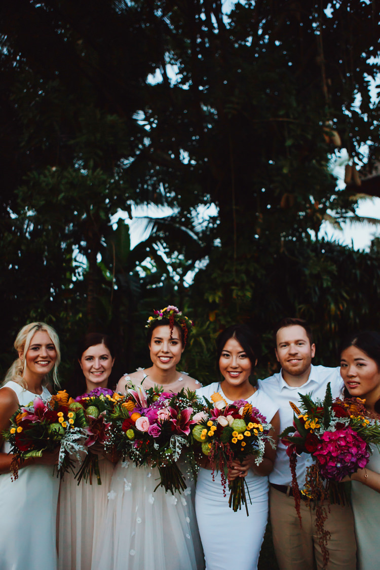 Outdoor Destination Luxury Adventure Ubud Ceremony Colorful Tropical Bouquet Flower Crown Bride Bridemaids | Whimsical Exotic Tropical Jungle Wedding Bali http://www.cecilephotographybali.com/