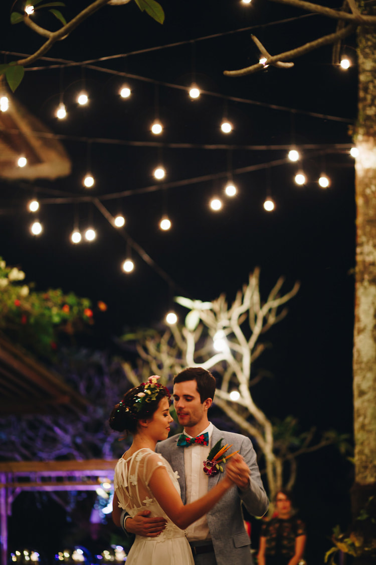 Outdoor Destination Luxury Adventure Ubud Colorful Tropical Flower Crown Bride Groom First Dance | Whimsical Exotic Tropical Jungle Wedding Bali http://www.cecilephotographybali.com/