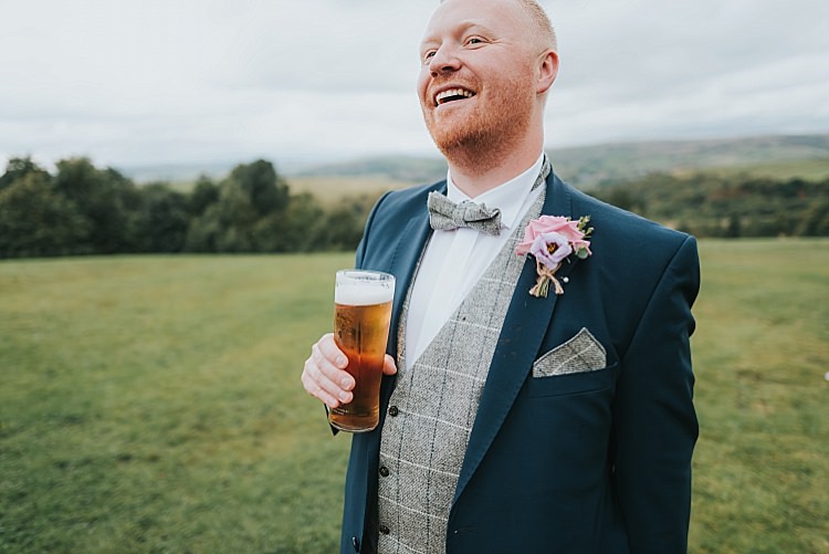 Groom Groomsmen Bow Ties Tweed Waistcoat Navy Suits Floral Wedding Dress Tipi Alfred and Co Photography