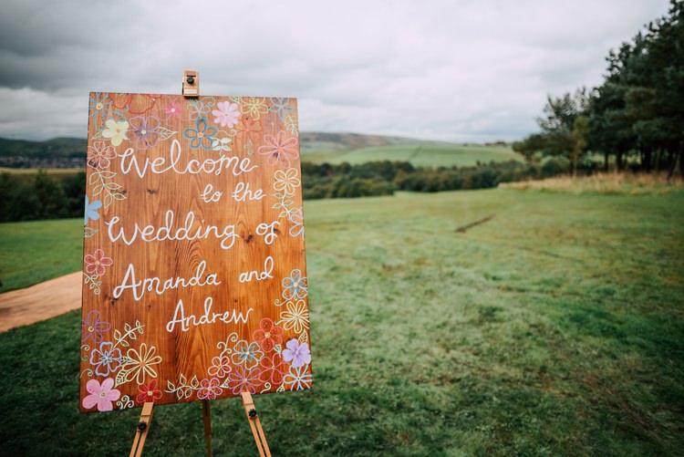 Wooden Welcome Sign Painted Illustrated Floral Wedding Dress Tipi Alfred and Co Photography