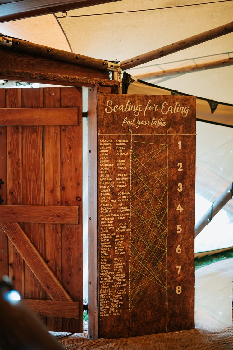 Wooden Seating Plan Table Chart String Peg Nail Match Up Floral Wedding Dress Tipi Alfred and Co Photography