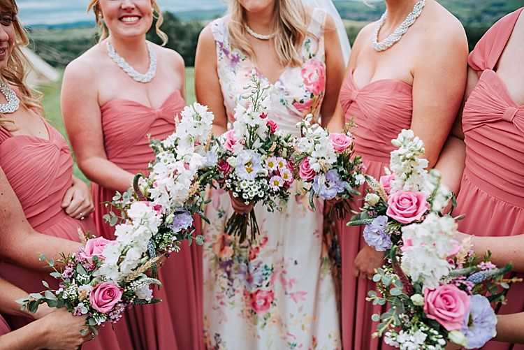 Bouquets Flowers Pastel Pink Lilac Long Pastel Pink Bridesmaid Dresses Maxi Floral Wedding Dress Tipi Alfred and Co Photography