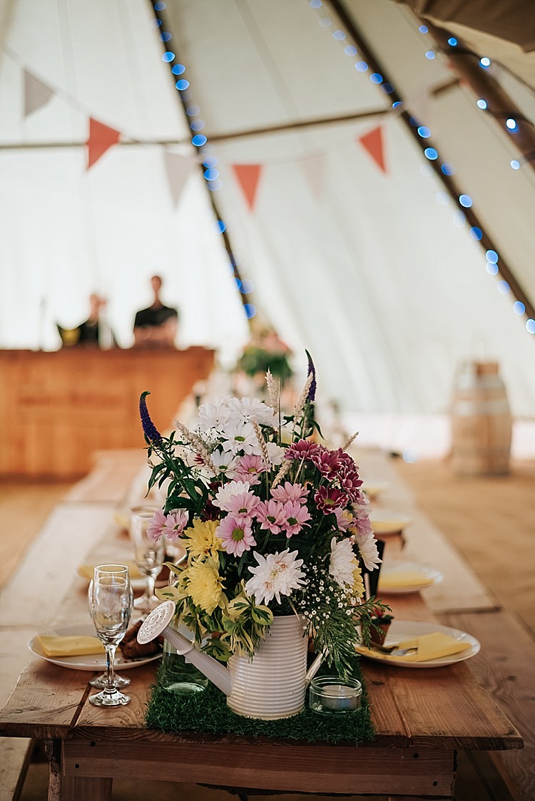 Tables Flowers Moss Grass Runner Watering Can Floral Wedding Dress Tipi Alfred and Co Photography