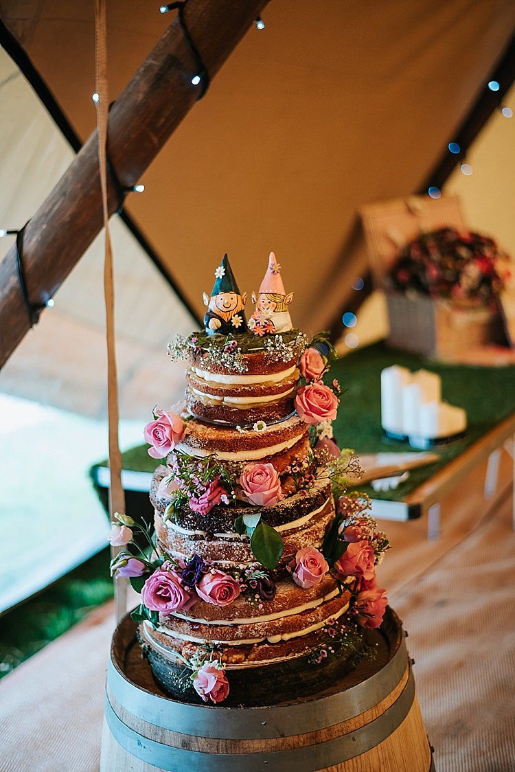 Naked Cake Sponge Flowers Tall Barrel Floral Wedding Dress Tipi Alfred and Co Photography