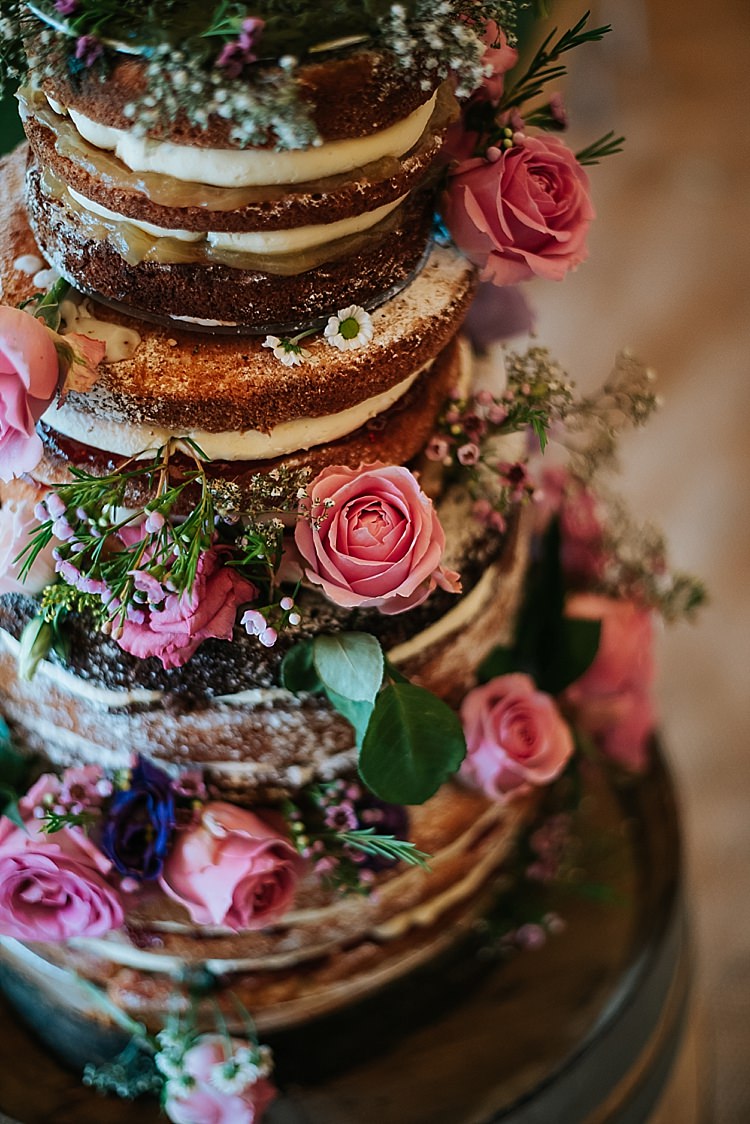 Naked Cake Sponge Flowers Tall Floral Wedding Dress Tipi Alfred and Co Photography