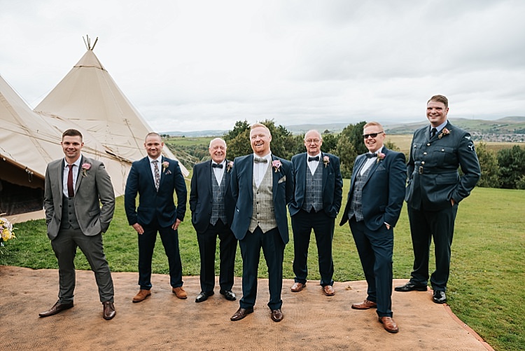 Groom Groomsmen Bow Ties Tweed Waistcoat Navy Suits Floral Wedding Dress Tipi Alfred and Co Photography