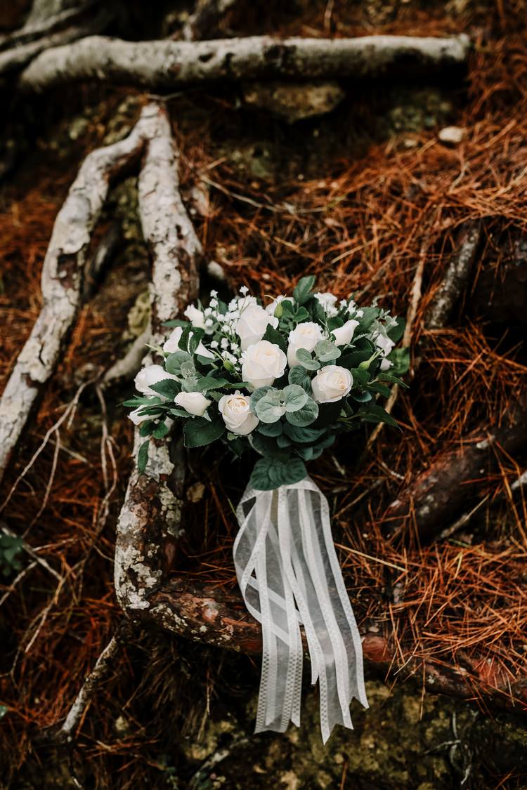 Spain Sun Outdoor Tropical Mediterranean Garden Villa Bride Bouquet White Green Ribbon | Ibiza Destination Wedding Amy Faith Photography