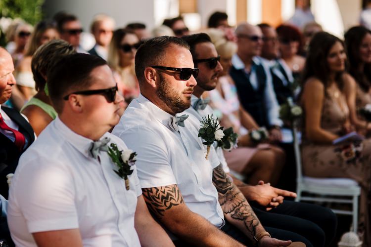 Spain Sun Outdoor Tropical Mediterranean Garden Villa Outdoor Ceremony Groomsmen Sunglasses | Ibiza Destination Wedding Amy Faith Photography
