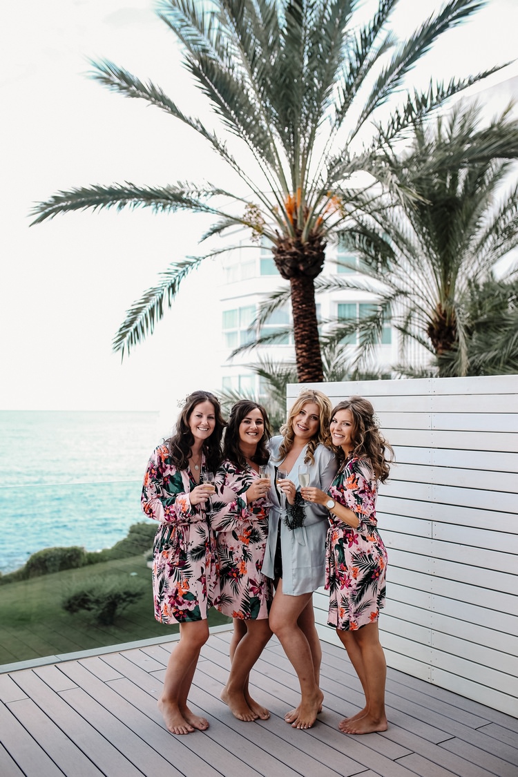 Spain Sun Outdoor Tropical Mediterranean Garden Villa Bride Bridesmaids Morning Floral Robes | Ibiza Destination Wedding Amy Faith Photography