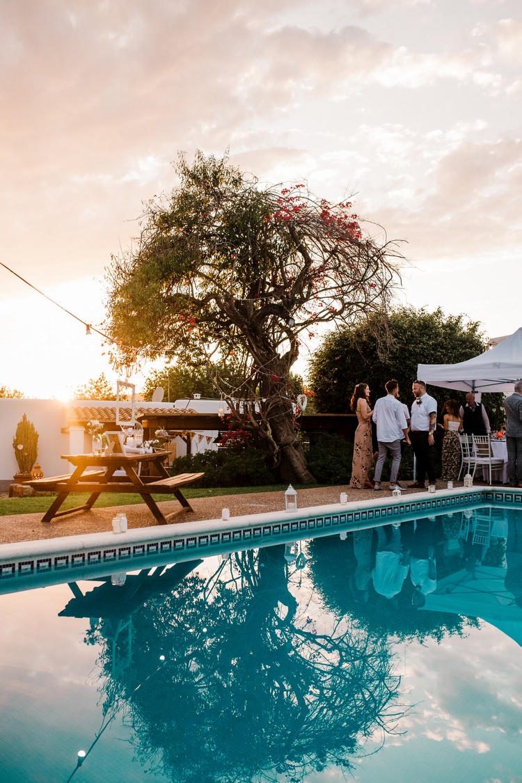 Spain Sun Outdoor Tropical Mediterranean Garden Villa Outdoor Reception Drinks Party Sunset | Ibiza Destination Wedding Amy Faith Photography