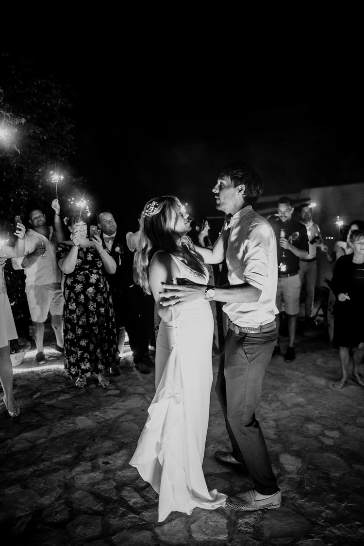 Spain Sun Outdoor Tropical Mediterranean Garden Villa Outdoor Reception First Dance | Ibiza Destination Wedding Amy Faith Photography