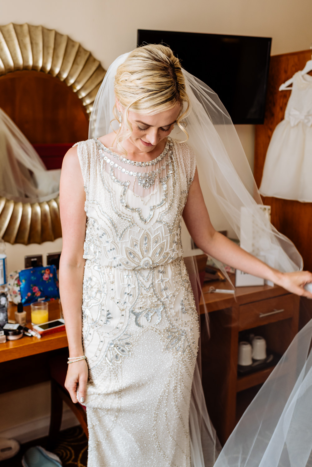Bride Bridal Jenny Packham Beaded Dress Gown Shift Embellished Veil Laid Back Harry Potter Wedding Daffodil Waves Photography