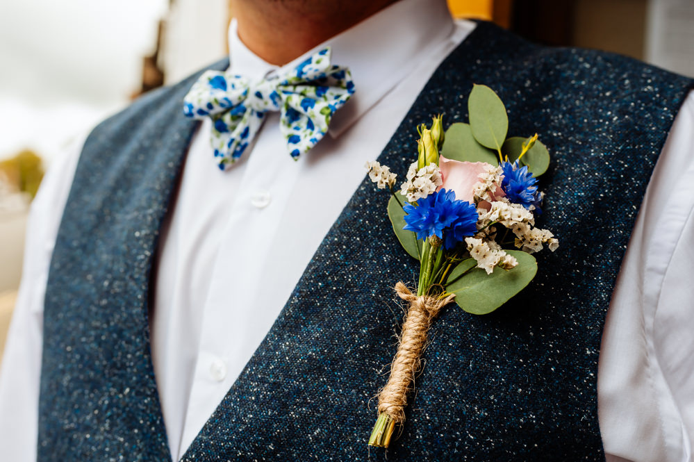 Waistcoat Groom Blue Tweed Hessian Buttonhole Liberty Print Bow Tie Laid Back Harry Potter Wedding Daffodil Waves Photography