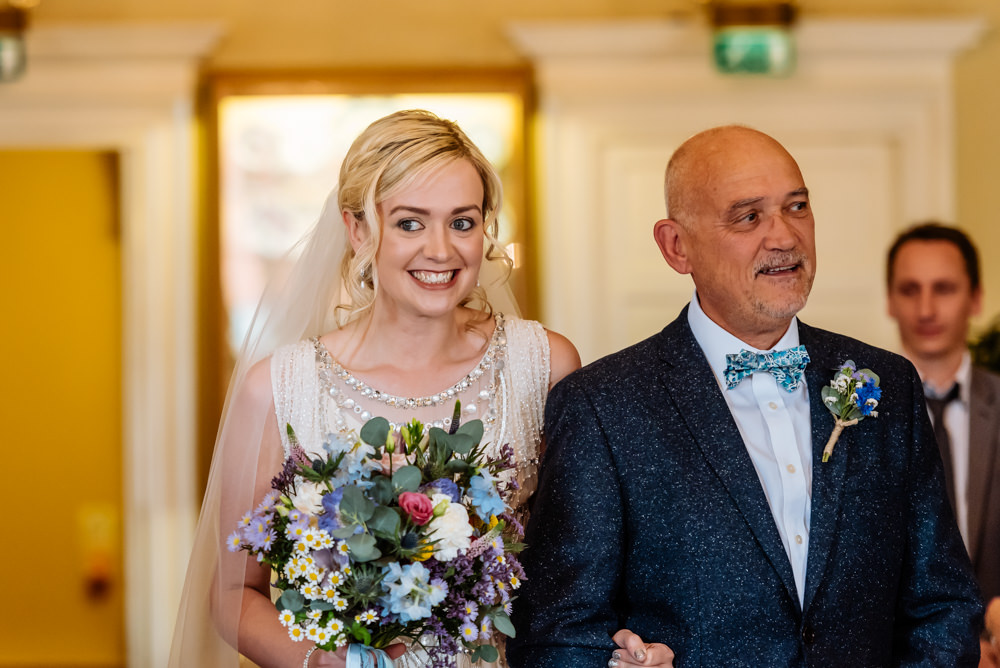 Bride Bridal Jenny Packham Beaded Dress Gown Shift Embellished Bouquet Wild Flower Meadow Ribbons Blue Tweed Next Bow Tie Liberty Print Laid Back Harry Potter Wedding Daffodil Waves Photography