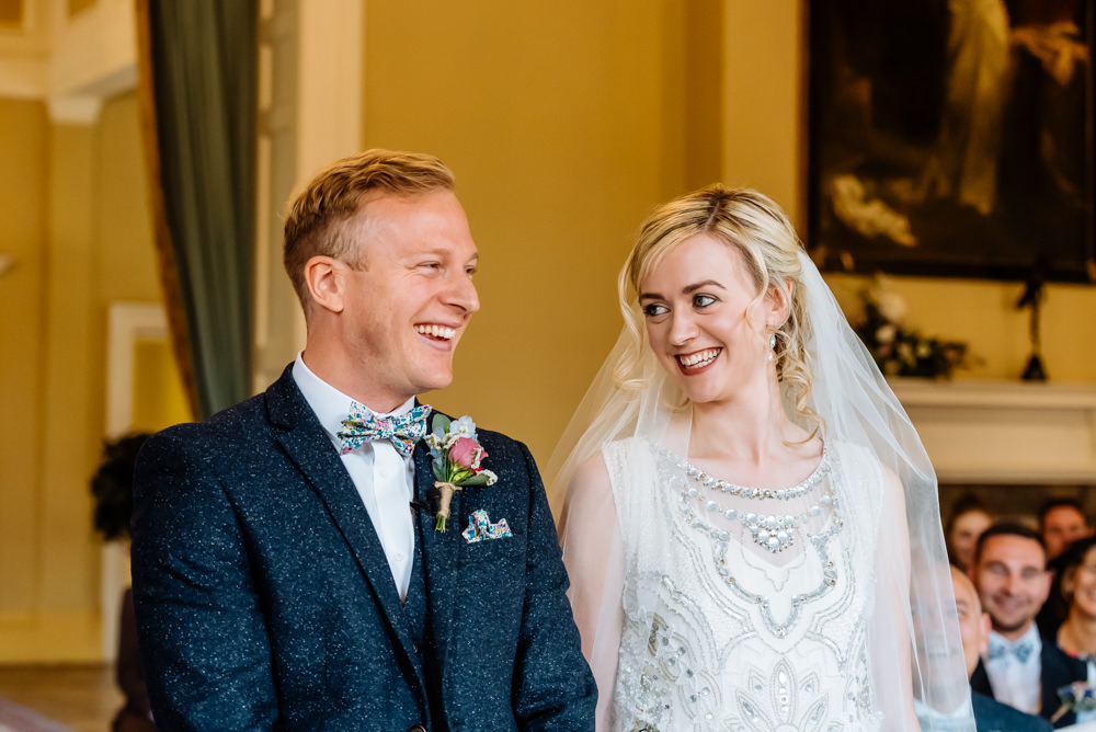 Bride Bridal Jenny Packham Beaded Dress Gown Shift Embellished Bouquet Wild Flower Meadow Ribbons Blue Tweed Next Bow Tie Liberty Print Laid Back Harry Potter Wedding Daffodil Waves Photography