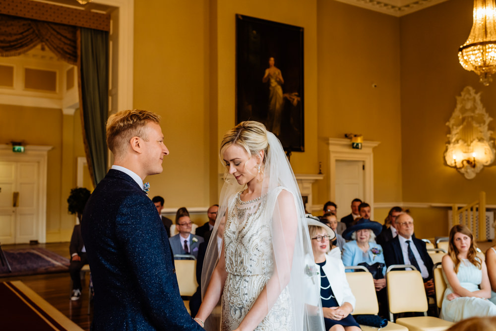 Bride Bridal Jenny Packham Beaded Dress Gown Shift Embellished Bouquet Wild Flower Meadow Ribbons Blue Tweed Next Bow Tie Liberty Print Laid Back Harry Potter Wedding Daffodil Waves Photography