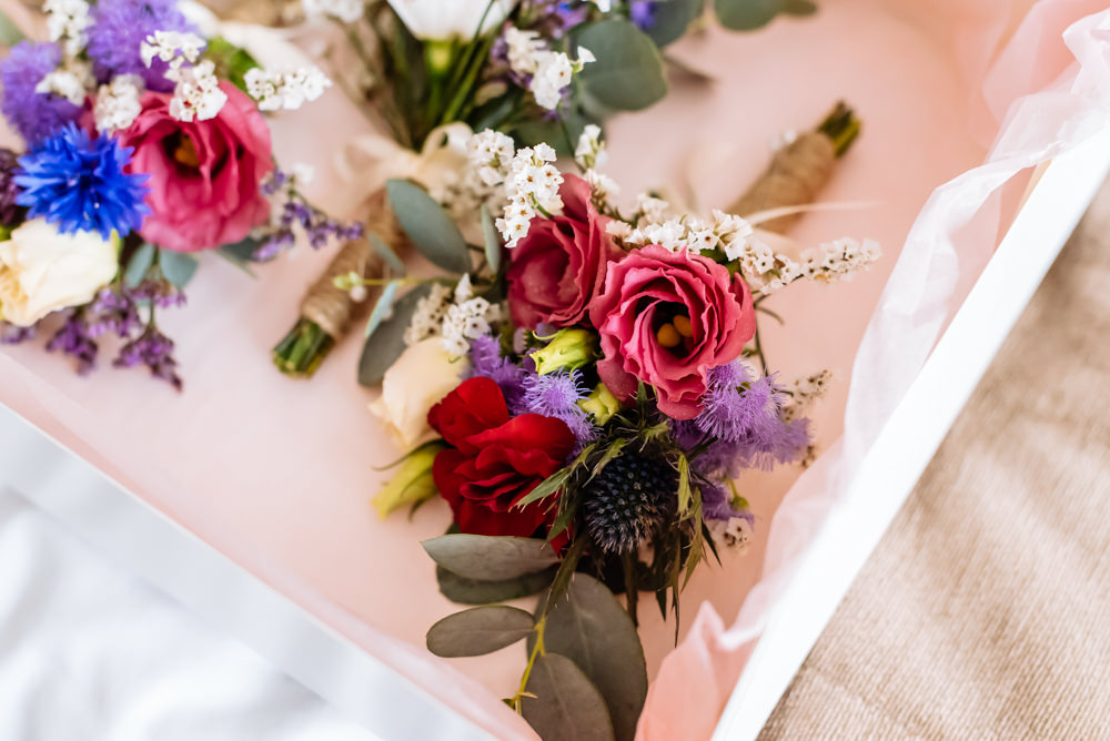 Buttonholes Wax Flowers Thistle Eucalyptus Multi Coloured Laid Back Harry Potter Wedding Daffodil Waves Photography
