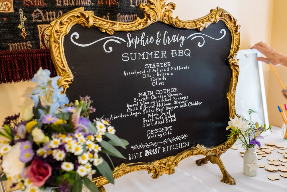 Menu Chalk Board Gold Frame Ornate Flowers Floral Laid Back Harry Potter Wedding Daffodil Waves Photography