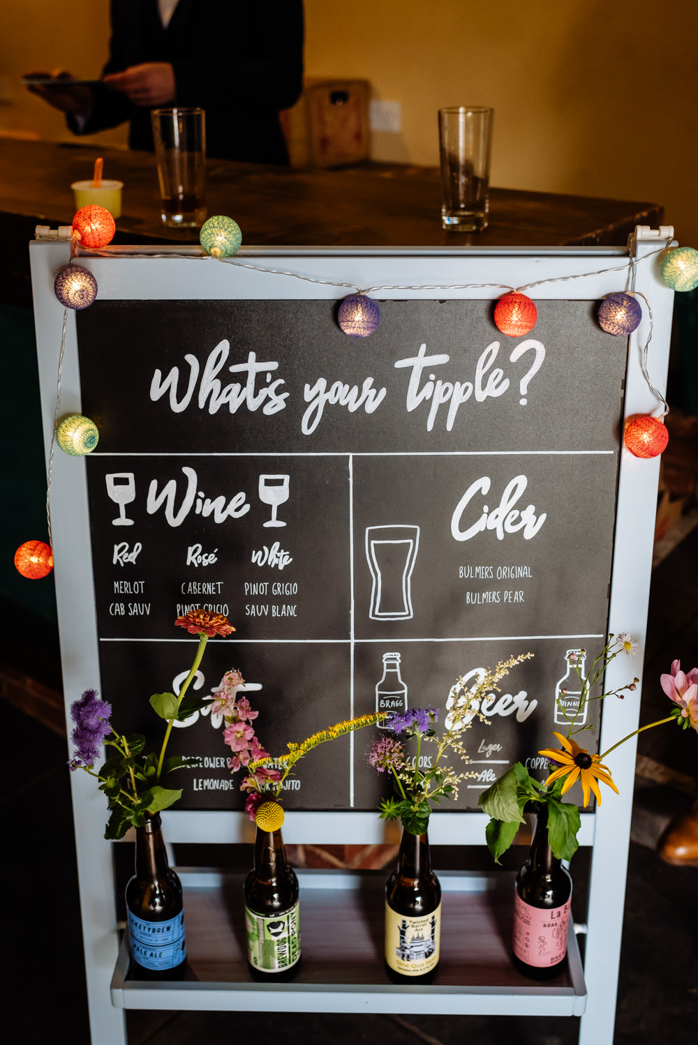 Bar Menu Chalk Board Fairy Lights Flowers Floral Laid Back Harry Potter Wedding Daffodil Waves Photography