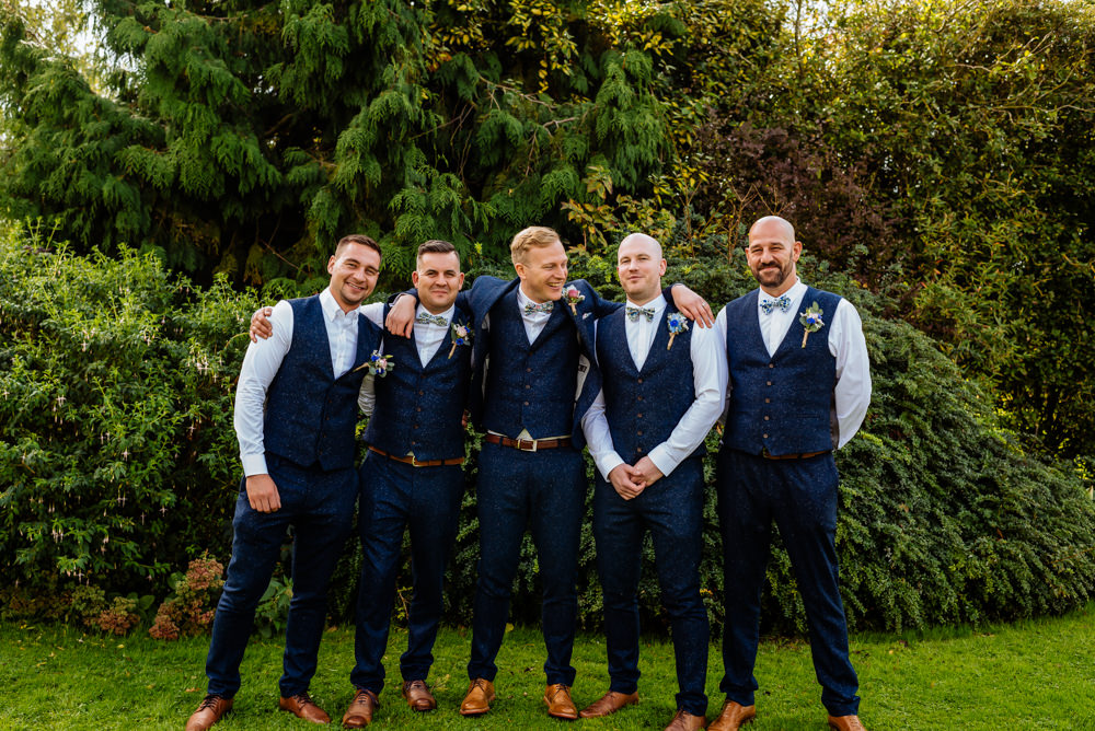 Groom Groomsmen Blue Tweed Next Bow Tie Liberty Print Waistcoat Three Piece Laid Back Harry Potter Wedding Daffodil Waves Photography