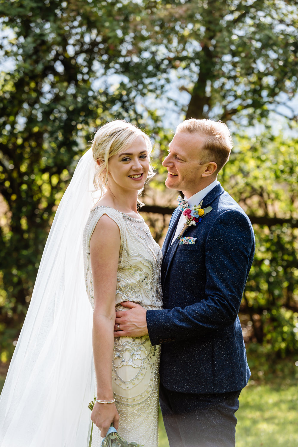Bride Bridal Jenny Packham Beaded Dress Gown Shift Embellished Blue Tweed Next Bow Tie Liberty Print Groom Three Piece Laid Back Harry Potter Wedding Daffodil Waves Photography