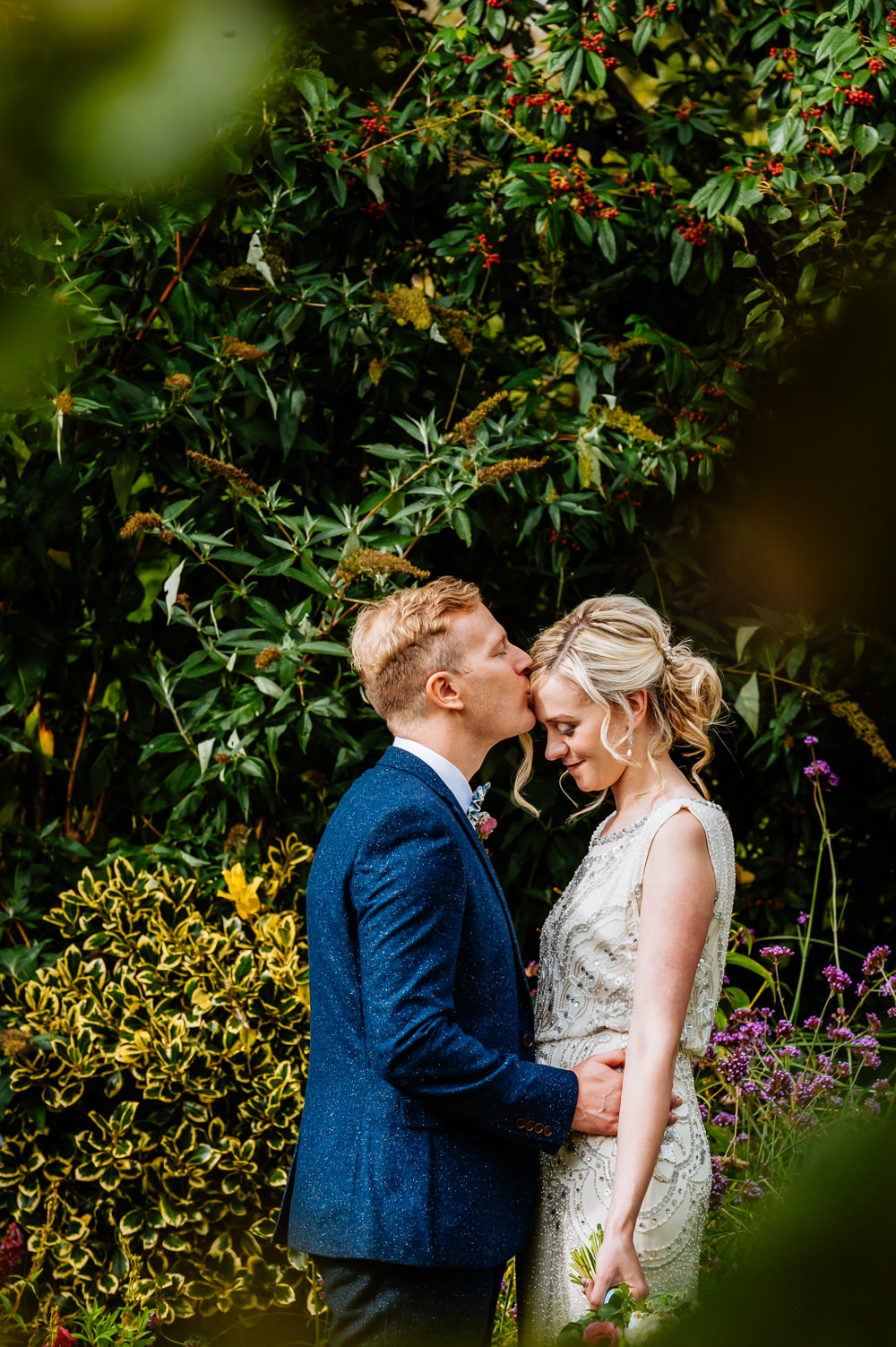 Bride Bridal Jenny Packham Beaded Dress Gown Shift Embellished Blue Tweed Next Bow Tie Liberty Print Groom Three Piece Laid Back Harry Potter Wedding Daffodil Waves Photography