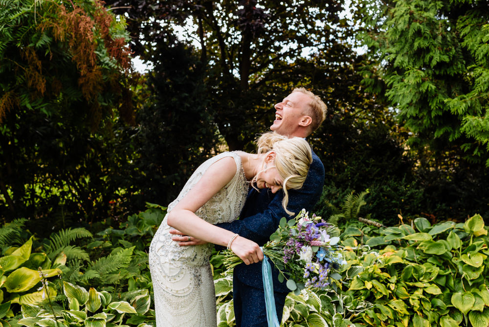 Bride Bridal Jenny Packham Beaded Dress Gown Shift Embellished Blue Tweed Next Bow Tie Liberty Print Groom Three Piece Bouquet Wild Flowers Meadow Ribbons Laid Back Harry Potter Wedding Daffodil Waves Photography