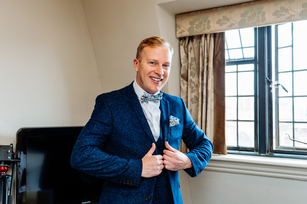 Pocket Square Three Piece Waistcoat Blue Tweed Next Groom Bow Tie Liberty Print Laid Back Harry Potter Wedding Daffodil Waves Photography