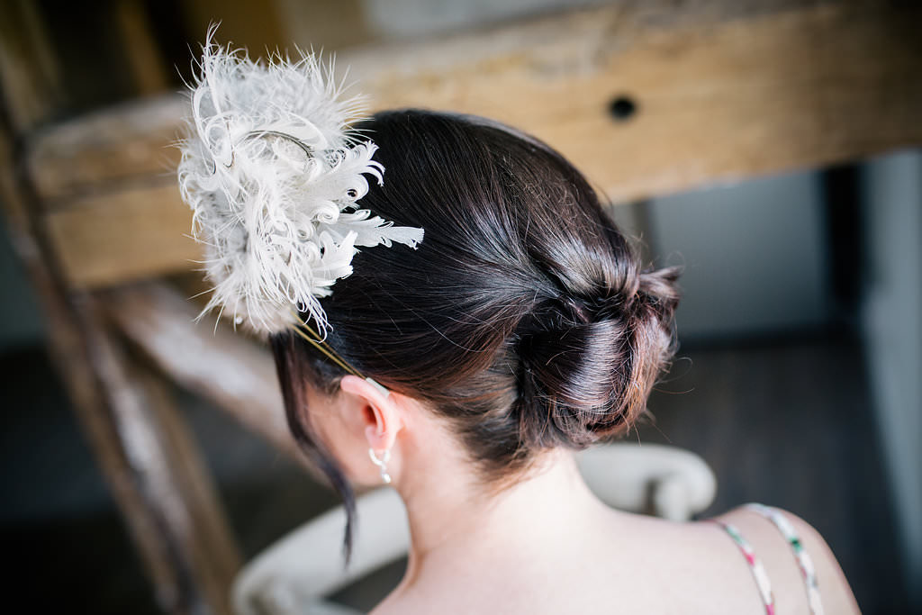 Bride Bridal Hair Style Up Do Feather Accessory Lapstone Barn Wedding Ideas Cotswolds Katie Hamilton Photography