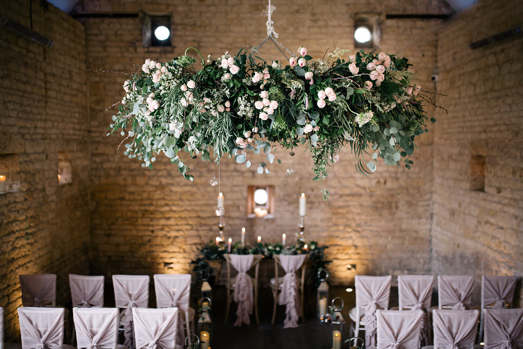Greenery Hanging Hoop Chair Covers Fabric Drape Bows Ruffle Lapstone Barn Wedding Ideas Cotswolds Katie Hamilton Photography