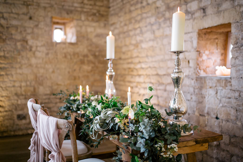 Table Tablescape Candles Greenery Runner Decor Lapstone Barn Wedding Ideas Cotswolds Katie Hamilton Photography