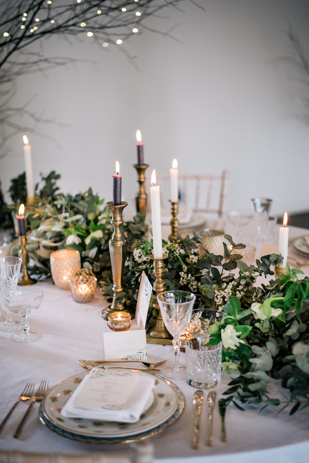 Table Tablescape Candles Greenery Runner Decor Lapstone Barn Wedding Ideas Cotswolds Katie Hamilton Photography