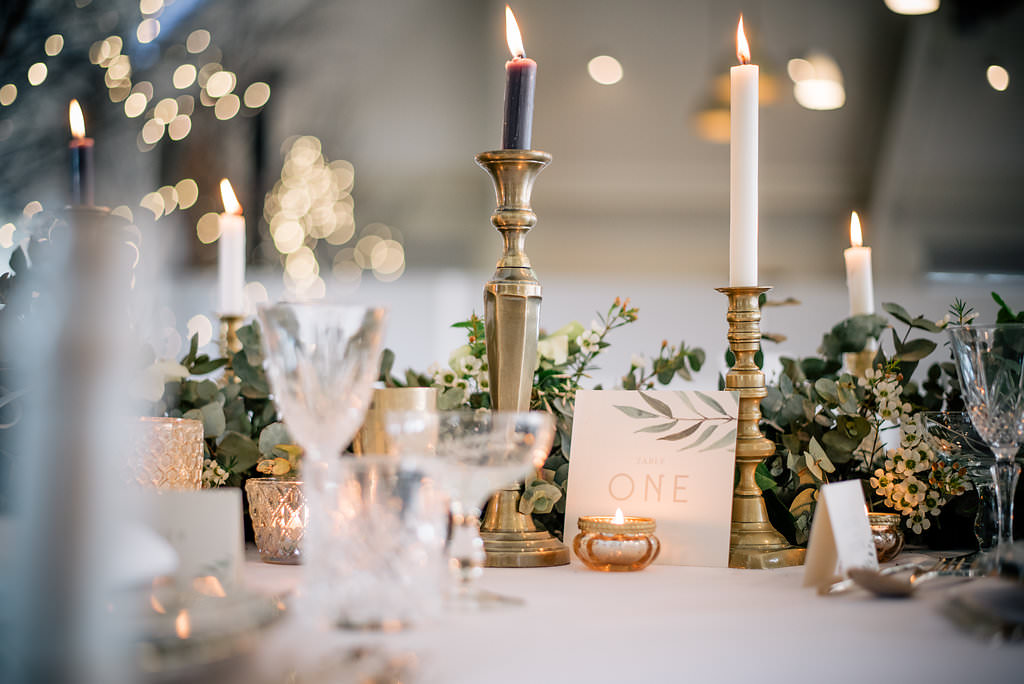 Table Tablescape Candles Greenery Runner Decor Lapstone Barn Wedding Ideas Cotswolds Katie Hamilton Photography