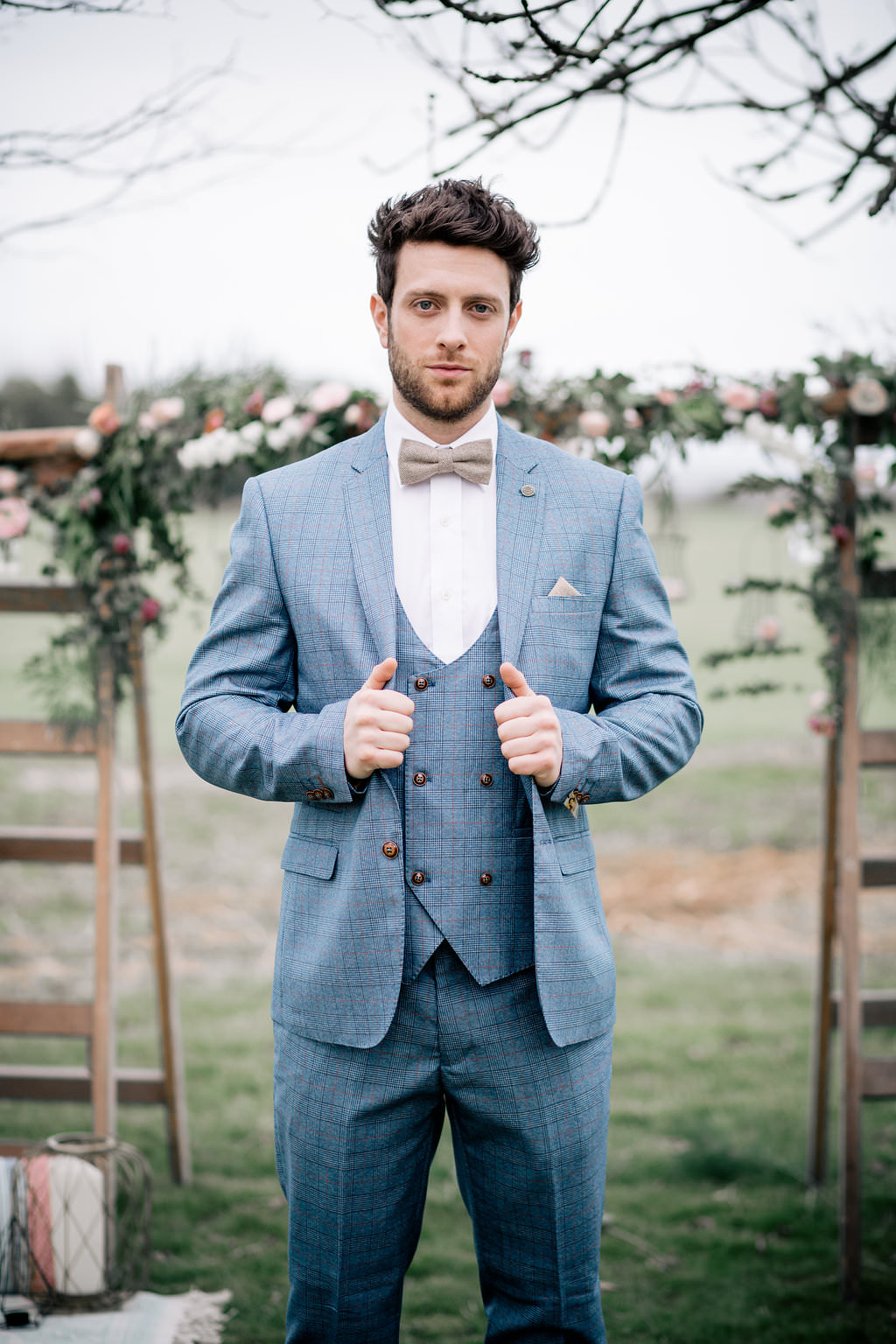 Groom Check Suit Blue Brown Bow Tie Badge Pin Lapstone Barn Wedding Ideas Cotswolds Katie Hamilton Photography