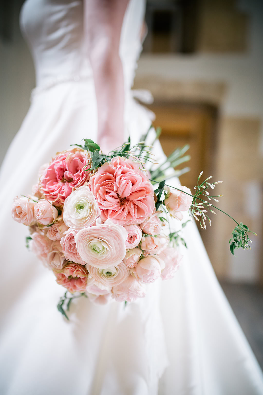 Bouquet Flowers Bride Bridal Pink Rose Ranunculus Peony Lapstone Barn Wedding Ideas Cotswolds Katie Hamilton Photography