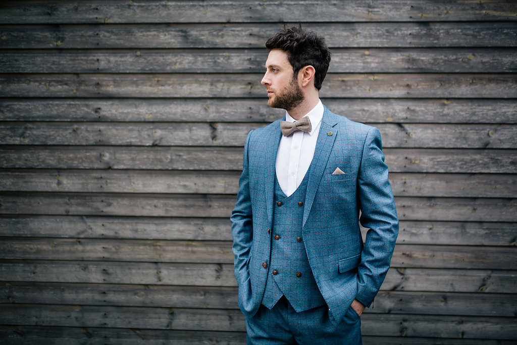 Groom Suit Blue Brown Bow Tie Badge Pin Lapstone Barn Wedding Ideas Cotswolds Katie Hamilton Photography