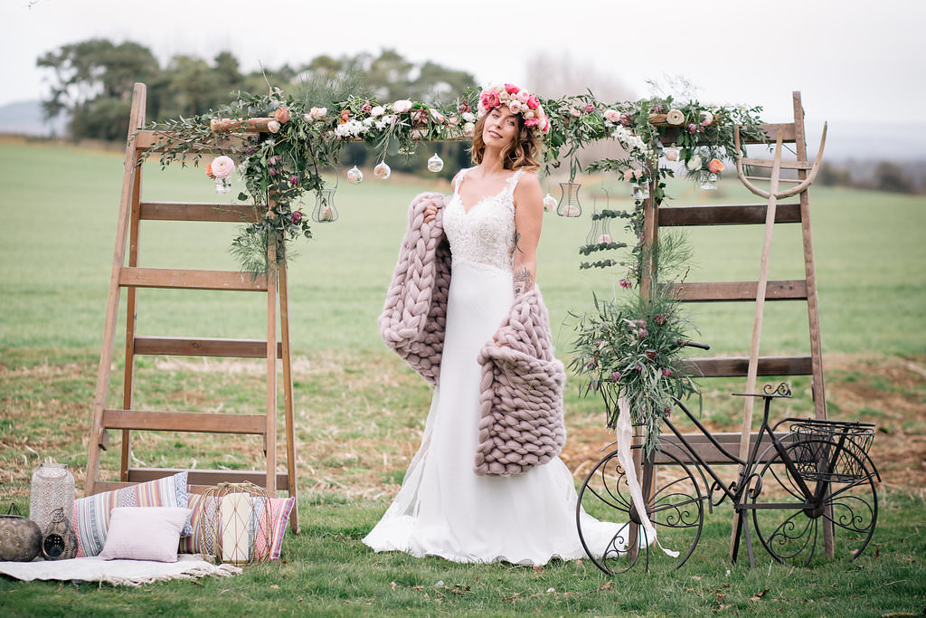 Backdrop Flowers Wooden Ladders Lapstone Barn Wedding Ideas Cotswolds Katie Hamilton Photography
