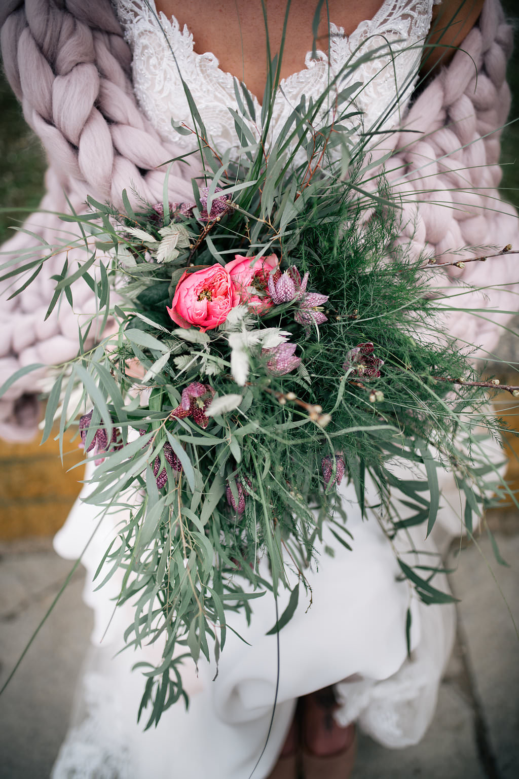 Bouquet Bride Bridal Flowers Greenery Foliage Hellebore Peony Lapstone Barn Wedding Ideas Cotswolds Katie Hamilton Photography