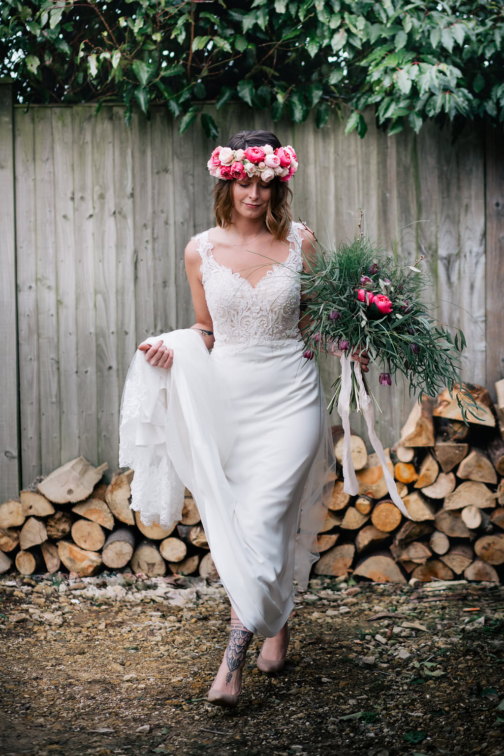 Dress Gown Bride Bridal Lace Straps Train Lapstone Barn Wedding Ideas Cotswolds Katie Hamilton Photography