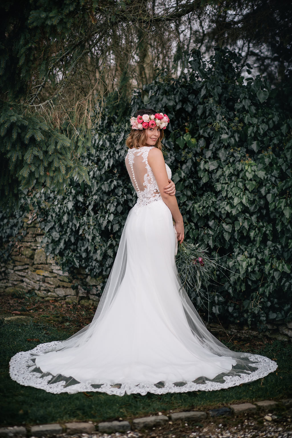 Illusion Lace Dress Gown Bride Bridal Train Lapstone Barn Wedding Ideas Cotswolds Katie Hamilton Photography